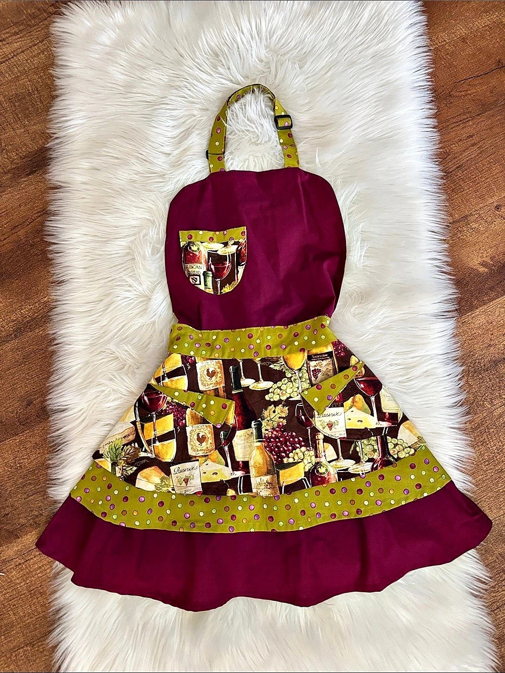 New, hand-sewn Wine-Themed Polka Dot Apron with front pockets